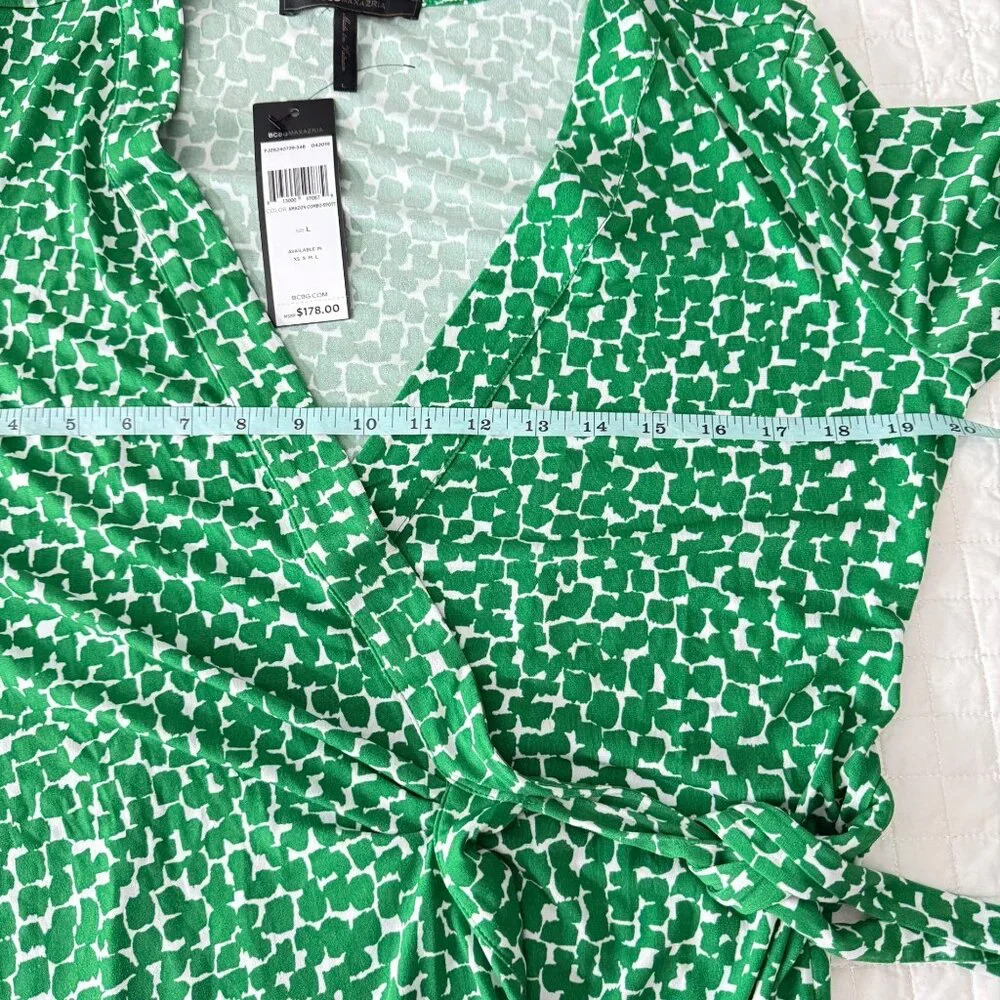 BCBG Max Azria Green White Wrap Dress Size L, Long Sleeve Abstract Pattern - Picture 7 of 11